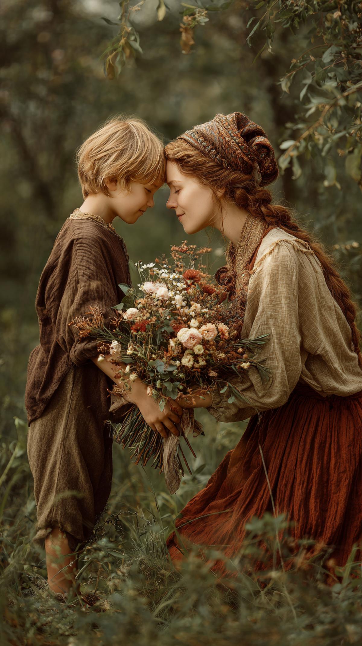a little boy gives a bouquet of wildflowers to his mother, touching scene, super detailed, professional photo, beautiful rustic Russian nature