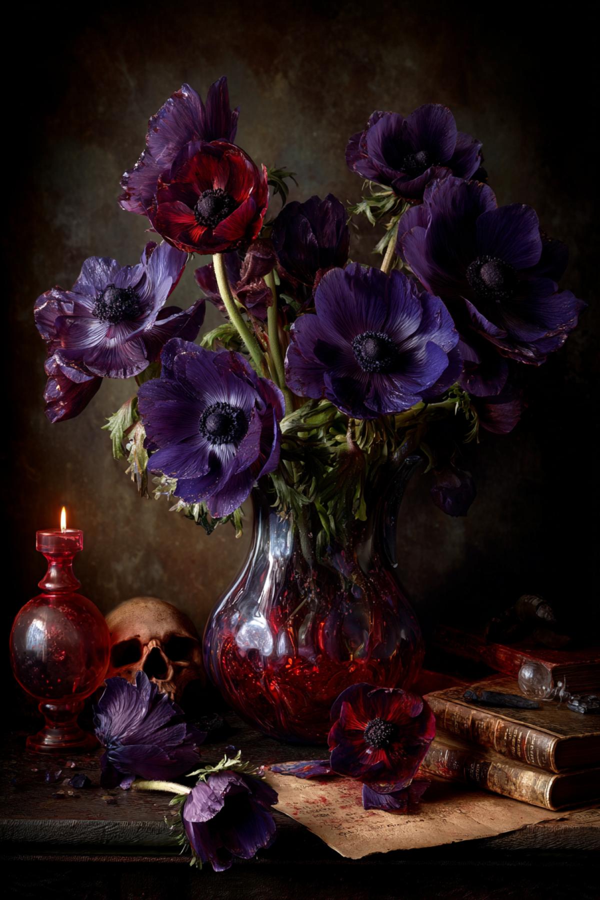 A sinister bouquet of dark anemones with red liquid-red centers, their wiry stems coiled in a swirling mercury glass vase. The vase’s distorted reflections warp the background of a candlelit 17th-century cabinet – skulls, leather books, an overturned hourglass. 8K, hyper-realistic, the flowers seem to pulse under flickering light.