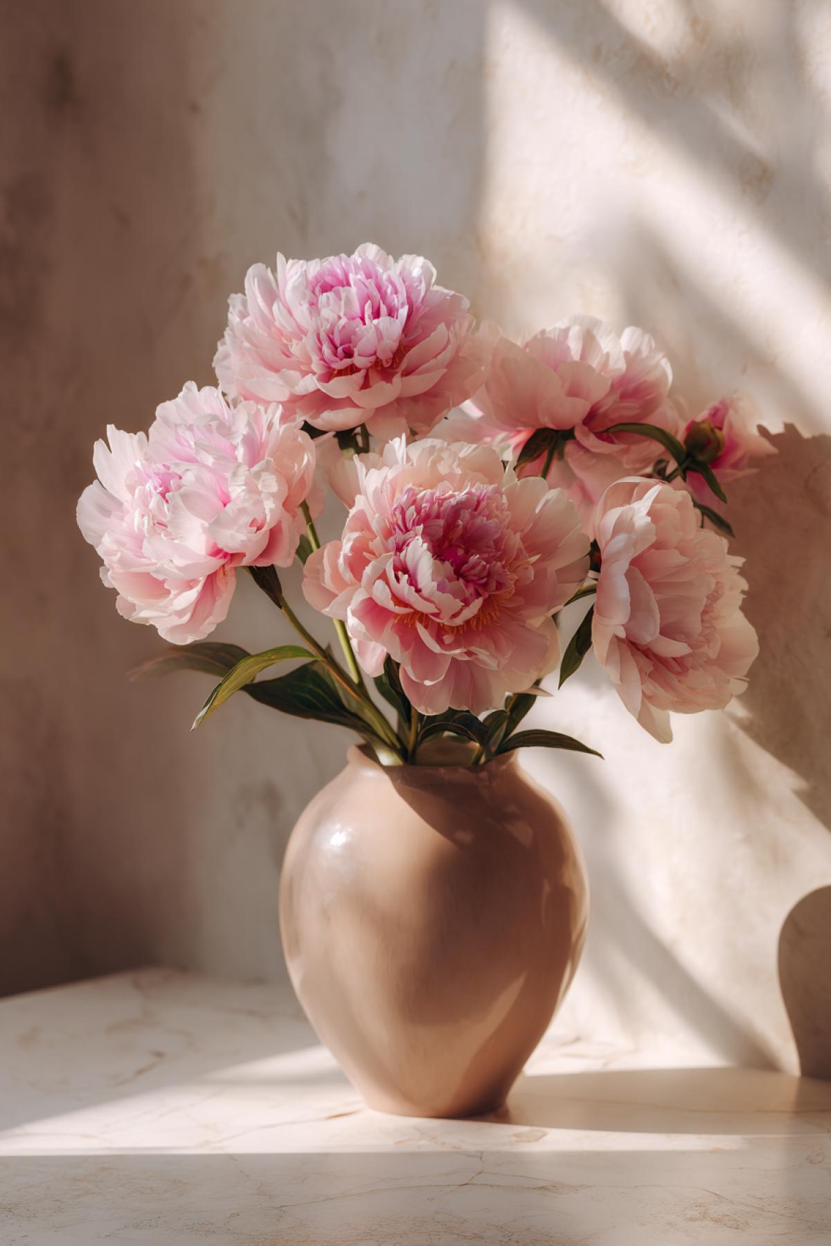 A lush bouquet of soft pink peonies in a matte blush ceramic vase, their petals full and slightly ruffled. The vase sits on a marble table near a sunlit window, with delicate shadows playing on the smooth surface. Warm morning light enhances the creamy tones of the petals, creating a serene and luxurious atmosphere. Ultra-detailed 8K, soft focus background, reminiscent of elegant still-life paintings.