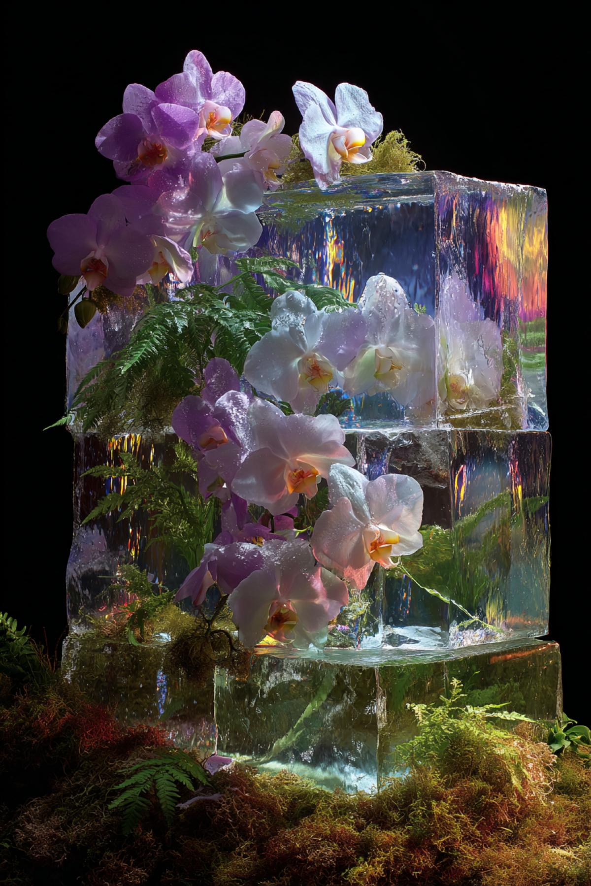 A massive block of hand-carved ice serving as a vase, filled with cascading purple and white orchids. Water droplets stream down the melting edges, pooling around exotic ferns and moss at the base. Sunlight fractures through the ice, creating rainbow prisms on the wet stone beneath. Ultra HD 8K, macro details show every vein in the petals and air bubbles trapped in the ice