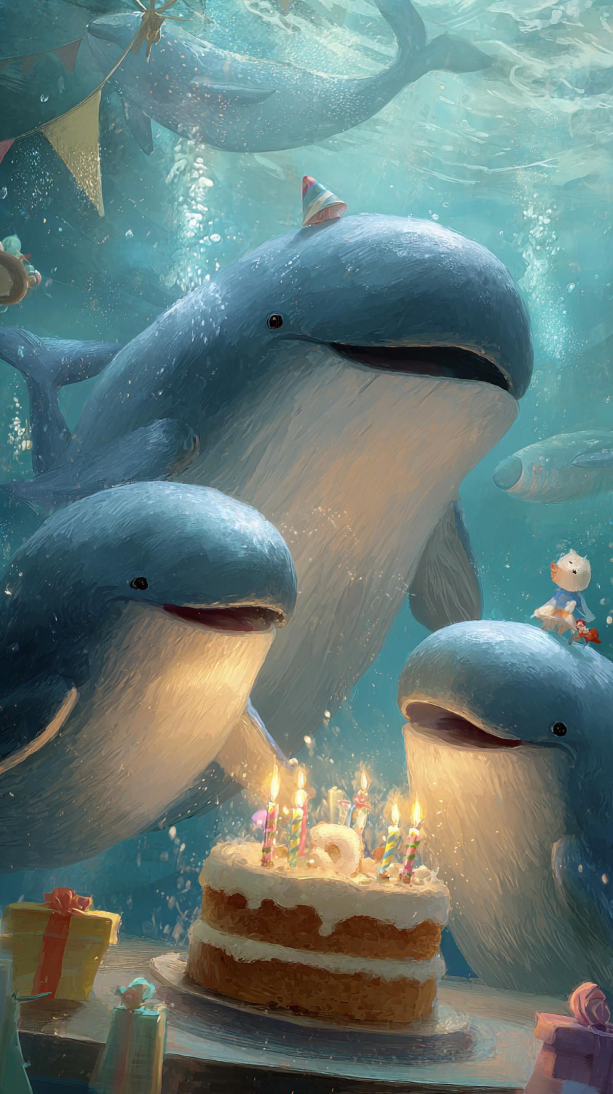 Anthropomorphic hiter whales celebrate birthday, birthday cake with candles, joy, laughter