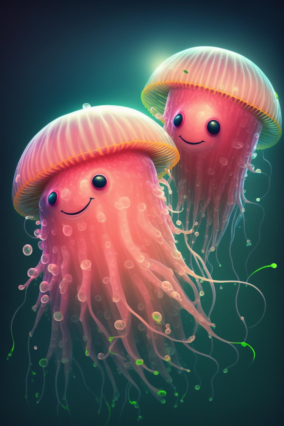 We are funny jellyfish. We are funny jellyfish. We look like watermelons. Because we are jellyfish.. Feast of underwater inhabitants.