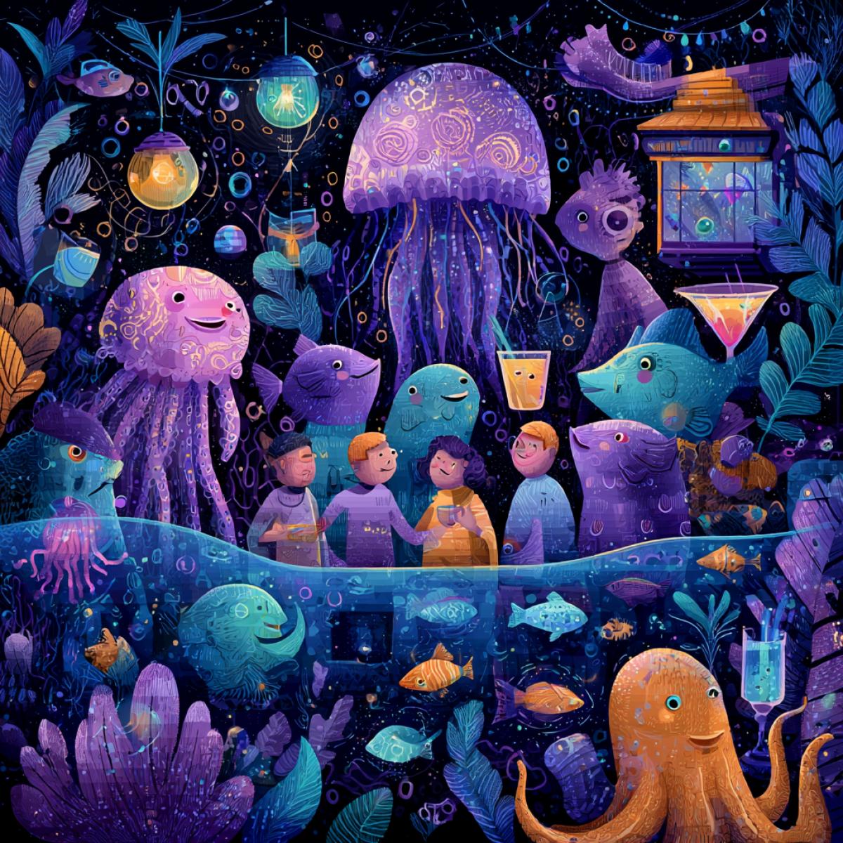 Underwater festival, disco. Sea inhabitants, fish, jellyfish, octopuses, dance and drink cocktails