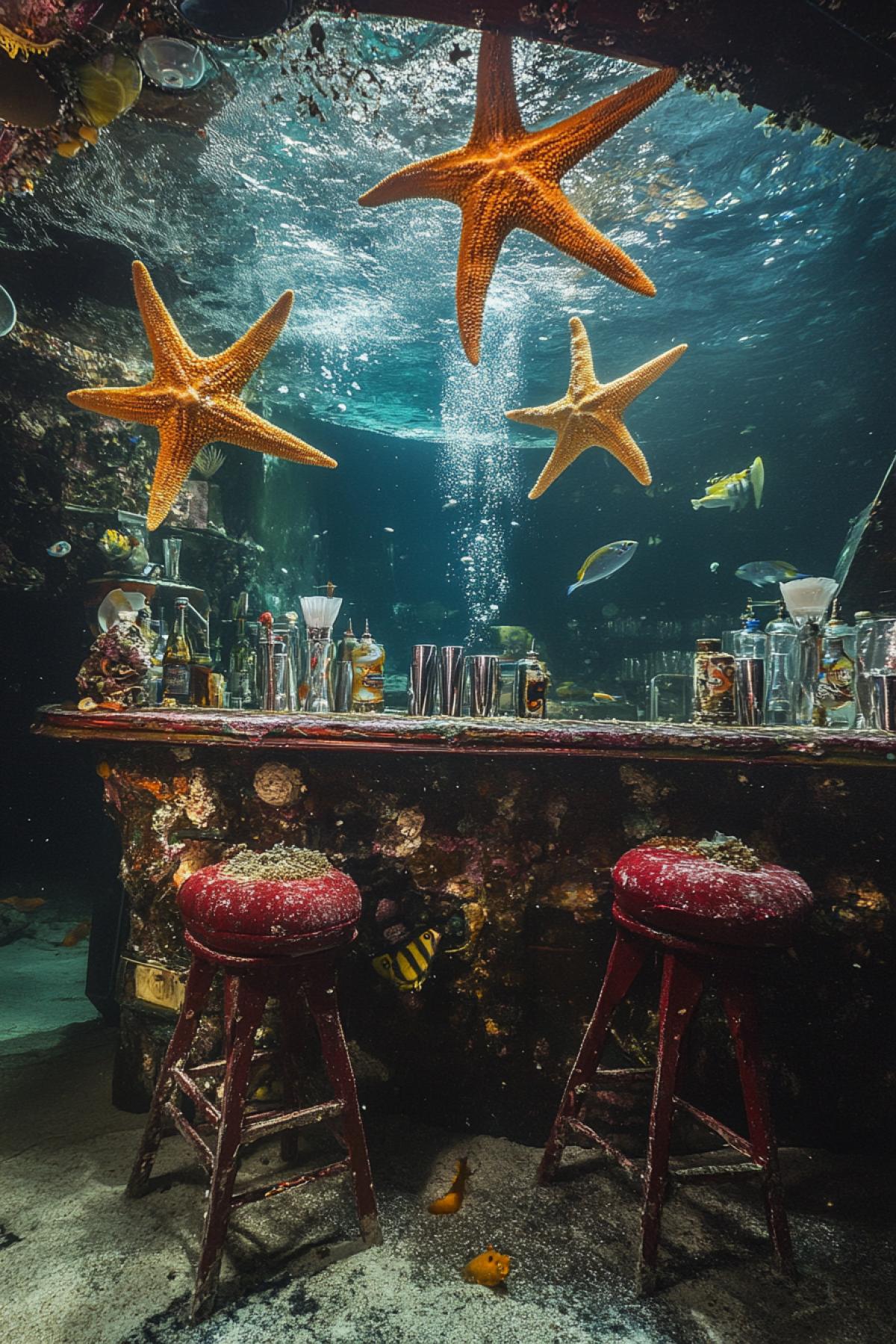 Sea stars are sitting at the bar in the club under water