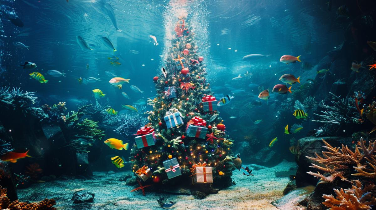 Under water, a Christmas tree with gifts and a round dance of fish is driven around the Christmas tree