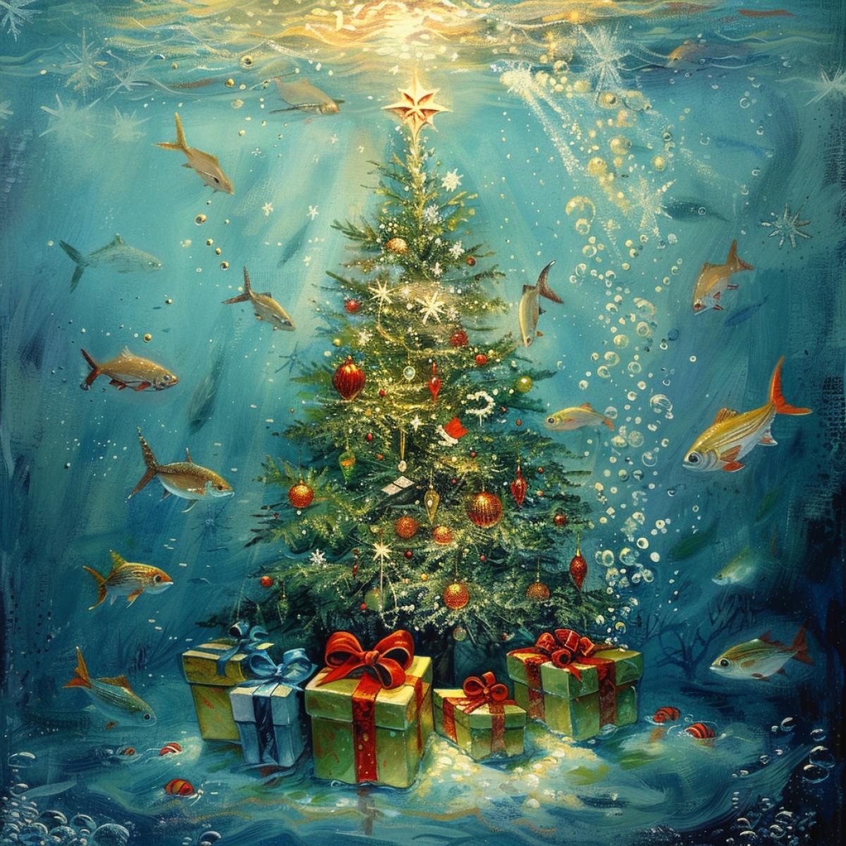 Under water, a Christmas tree with gifts and a round dance of fish is driven around the Christmas tree