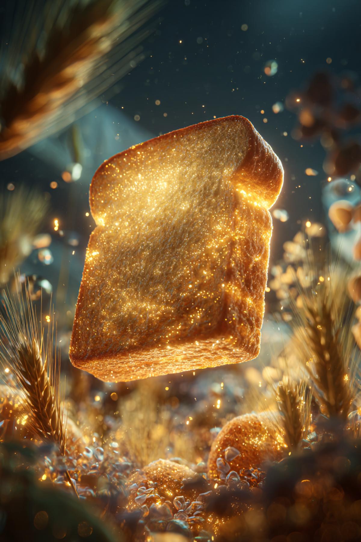 A futuristic bakery ad, hyper-realistic, glowing golden bread floating in zero gravity, holographic grain fields in the background, cinematic lighting, ultra-detailed, 8K, vibrant colors, surreal advertisement style