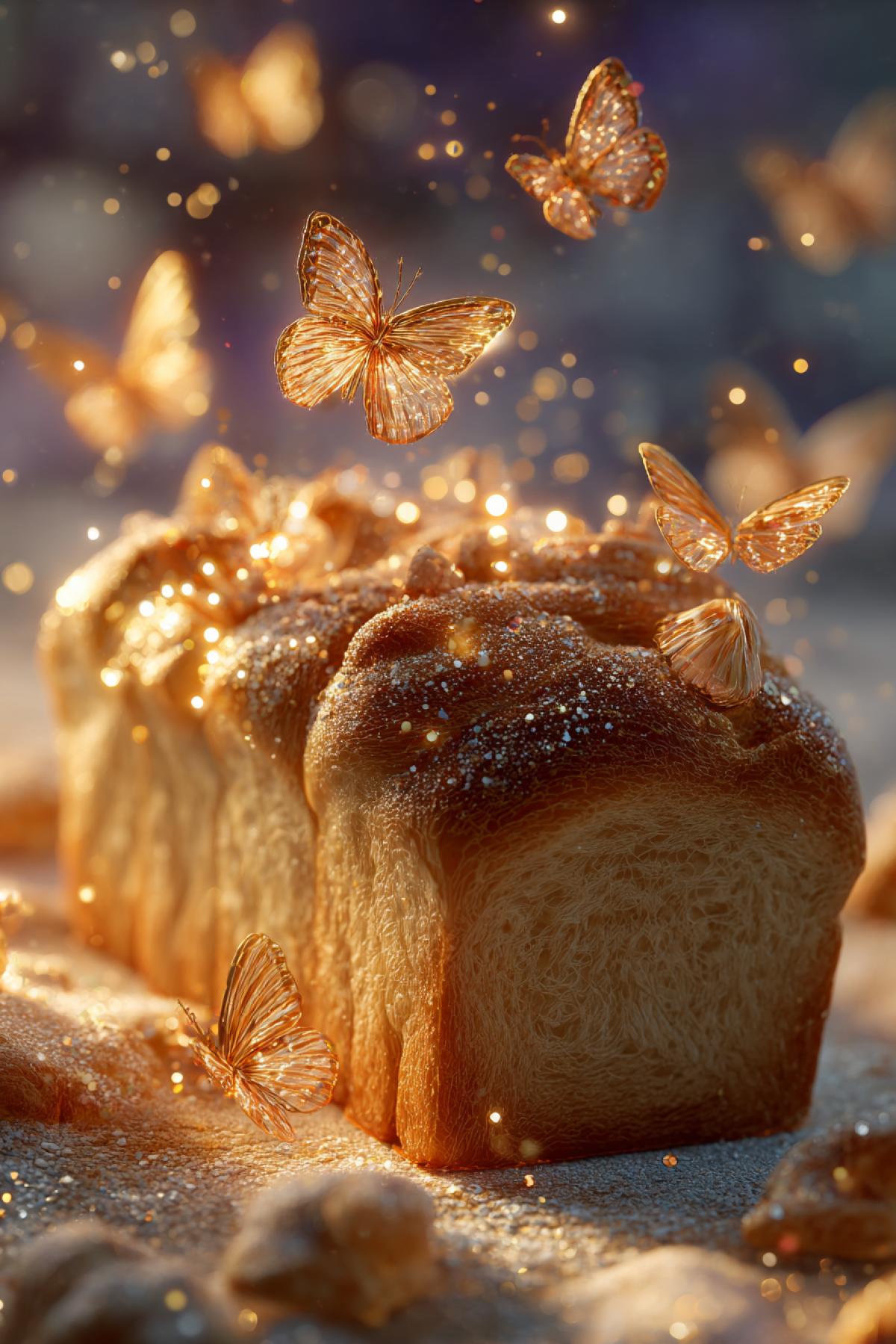 Magical fairy-tale bread advertisement, enchanted loaf with sparkling crust, surrounded by floating butterflies made of dough, warm golden light, fantasy art style, highly detailed, dreamy atmosphere, whimsical and inviting