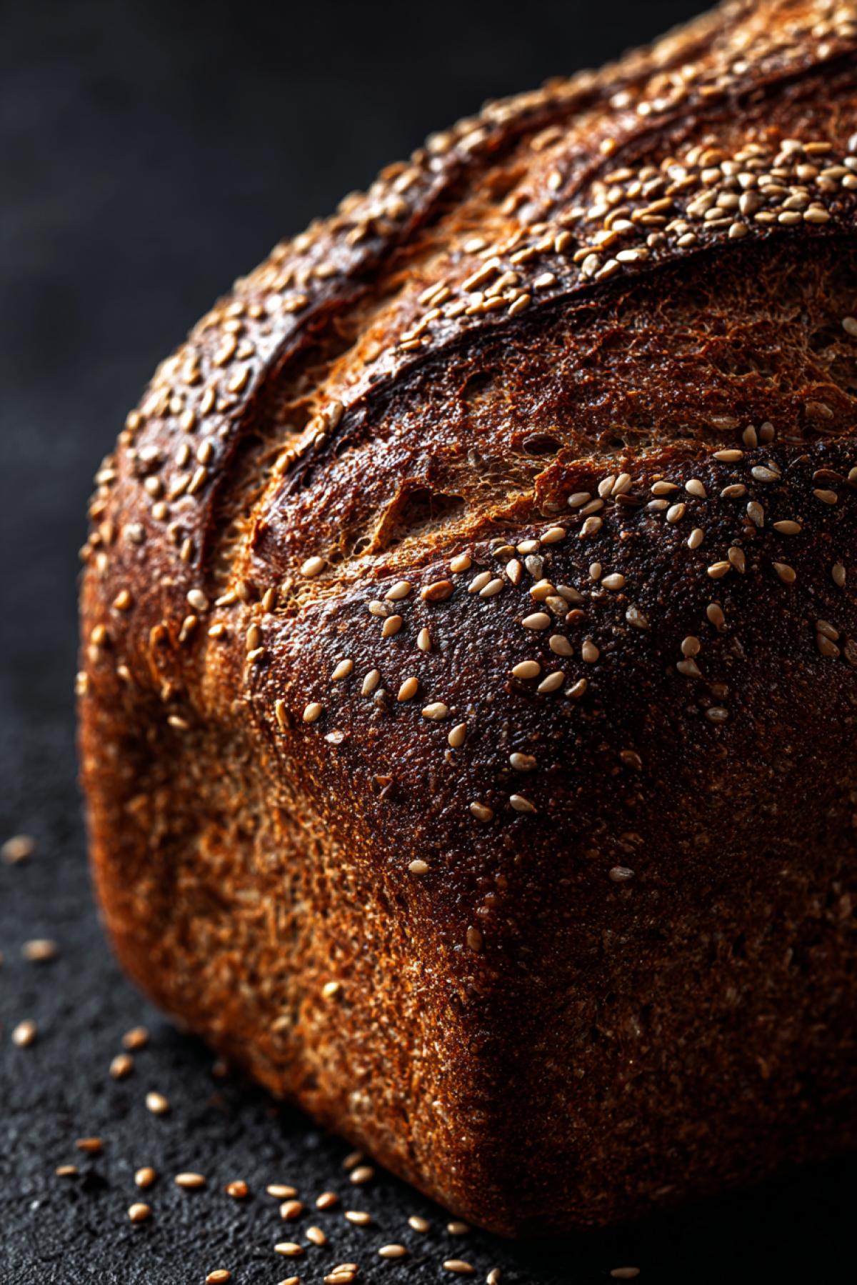 Dark rye bread with rich texture, close-up shot, sprinkled with sesame seeds, slightly glossy crust, moody food photography, dramatic lighting, high contrast, ultra-detailed.