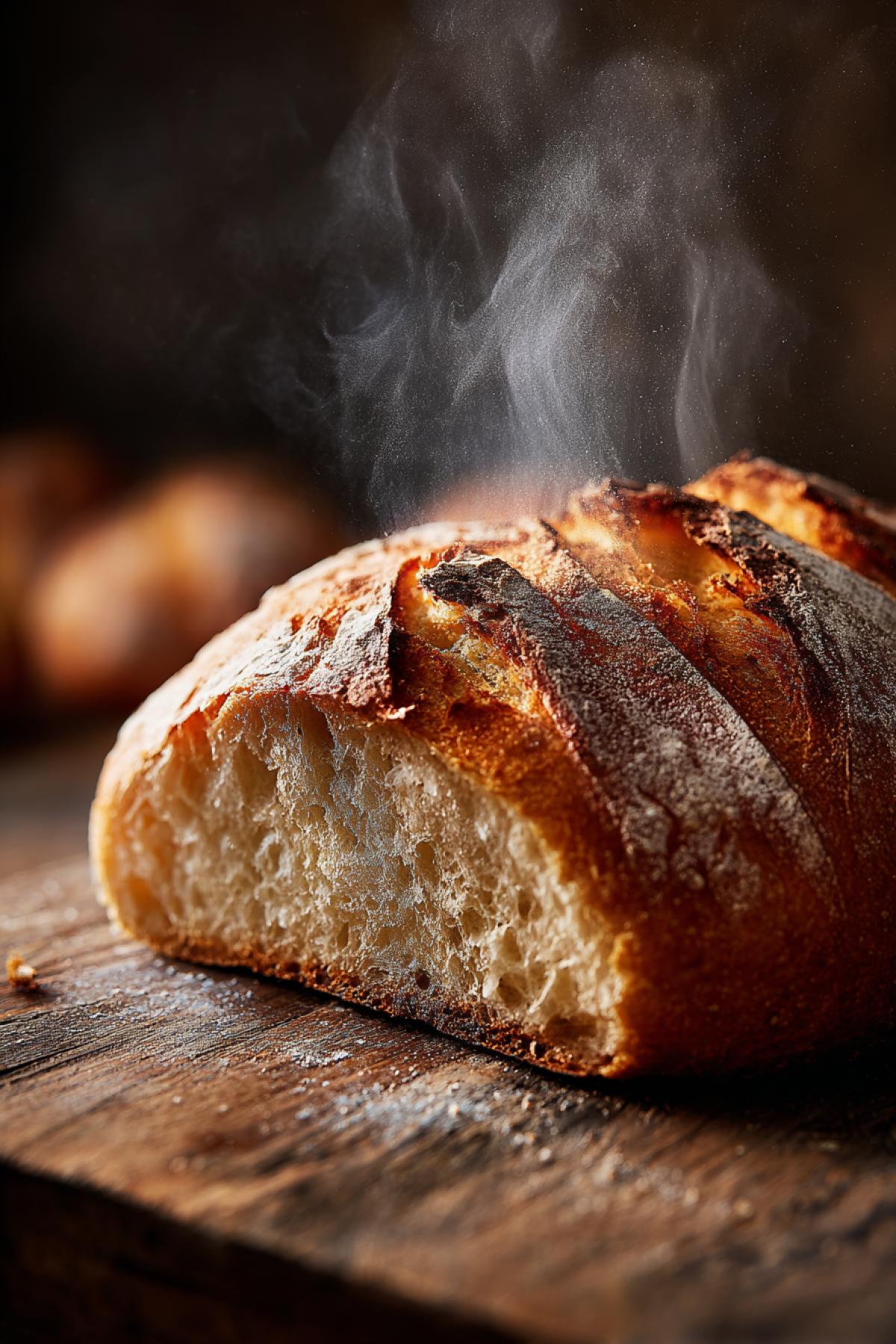 Ultra realistic close-up of fresh artisan bread, crispy golden crust with steam rising, soft fluffy interior, warm lighting, food photography, high detail, 8K, mouth-watering, on a rustic wooden table