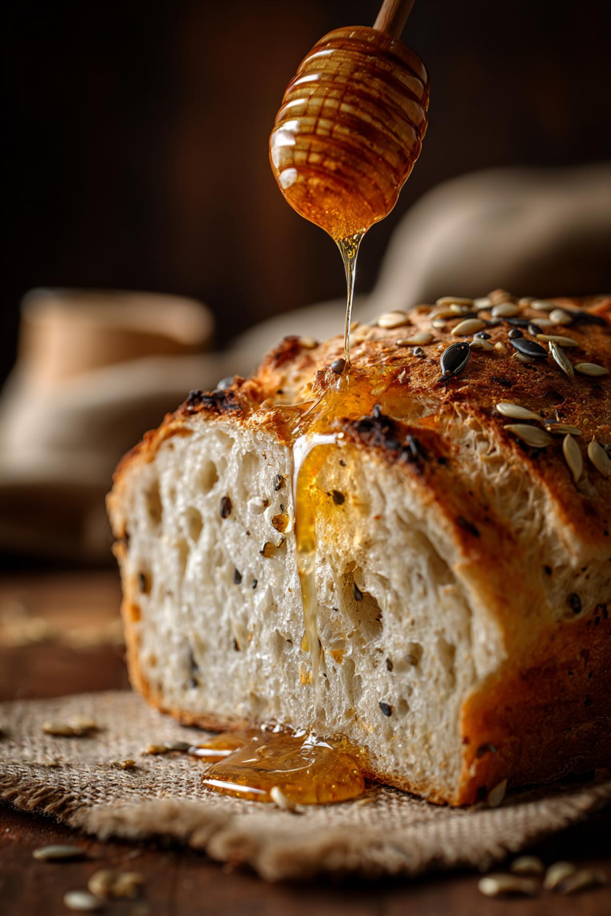 Homemade sourdough bread slice, thick and airy, drizzled with golden honey and sprinkled with seeds, rustic style, soft focus background, warm tones, inviting and delicious, food advertisement