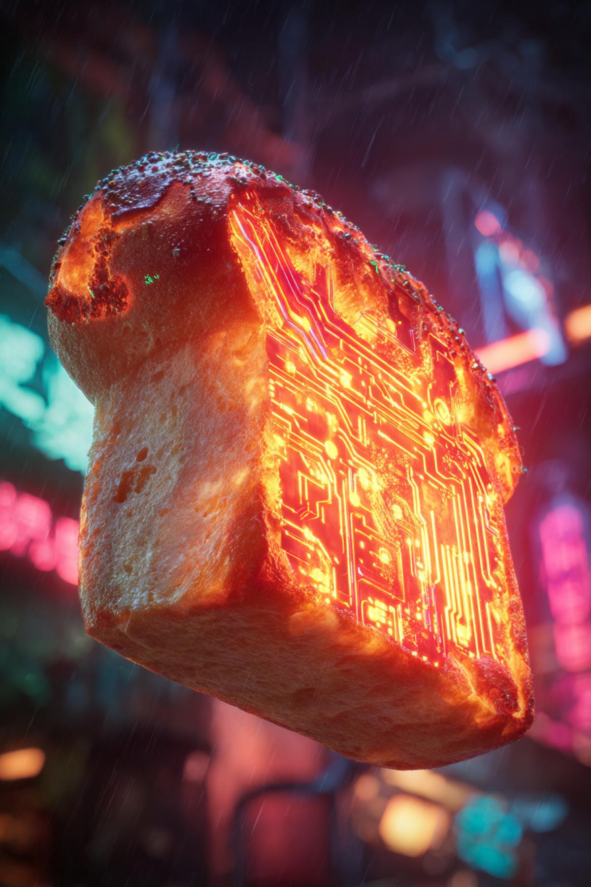 Cyberpunk neon bread advertisement, glowing cyber-bread with circuit-like crust, neon signs in rainy city background, high-tech bakery, sci-fi realism, vibrant cyberpunk colors, ultra-high detail, cinematic shot