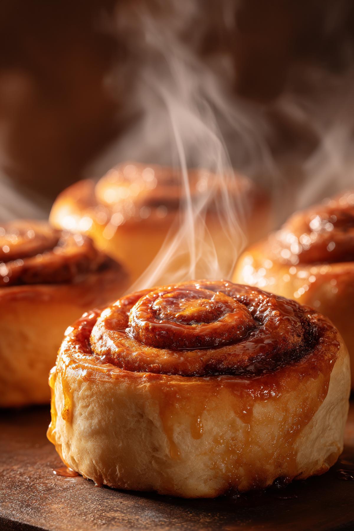 Cinnamon rolls made from brioche bread, sticky caramel glaze, cinnamon swirls visible, steam rising, soft and fluffy, macro shot, warm lighting, cozy bakery vibe, hyper-realistic