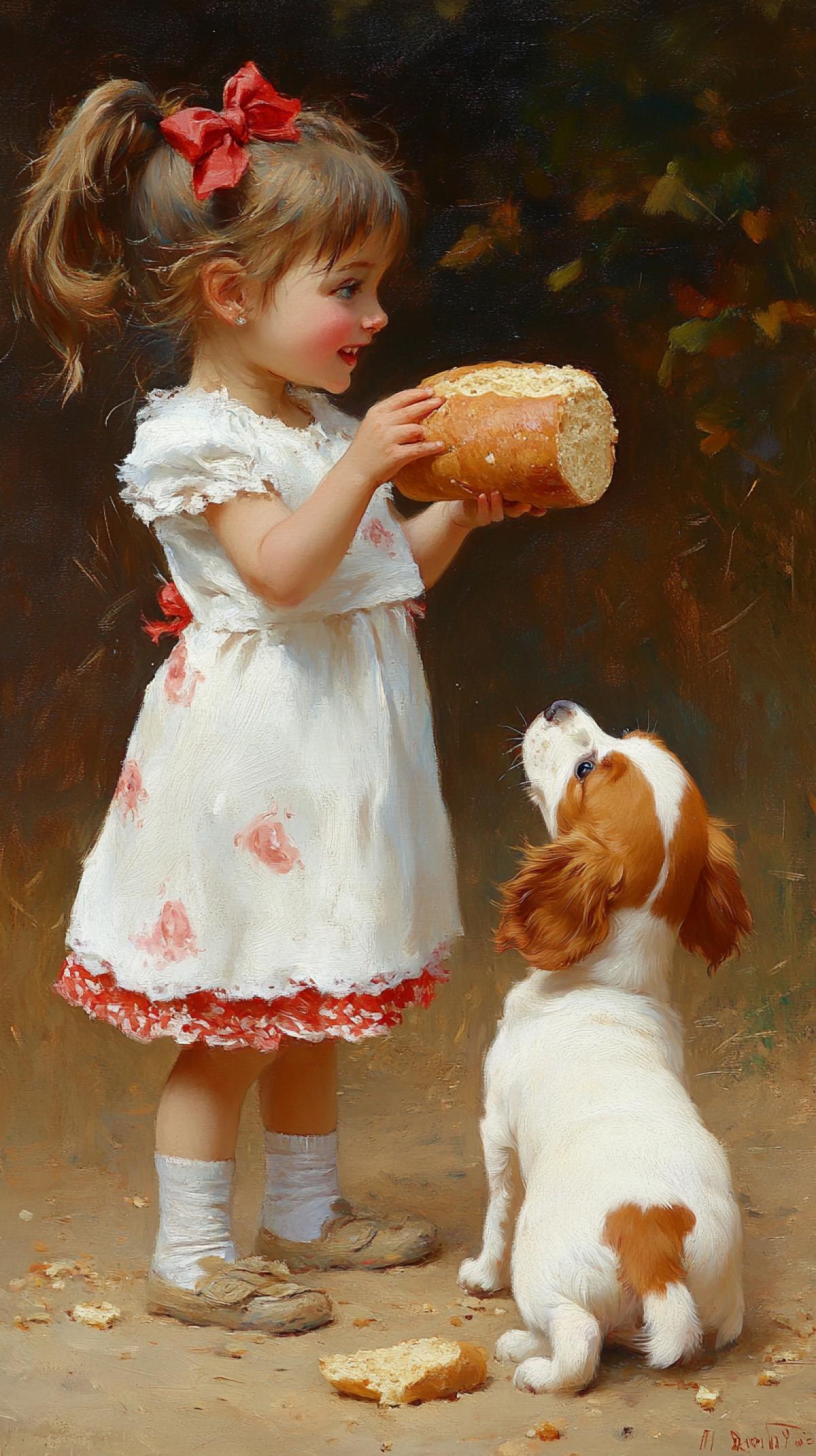 A small beautiful girl with ponytails and bows in a white dress in red peas carries a roll of fragrant bread with a crisp, bites bread, bites a bun of bread, next to the spaniel puppy asks a piece on its hind legs; happiness