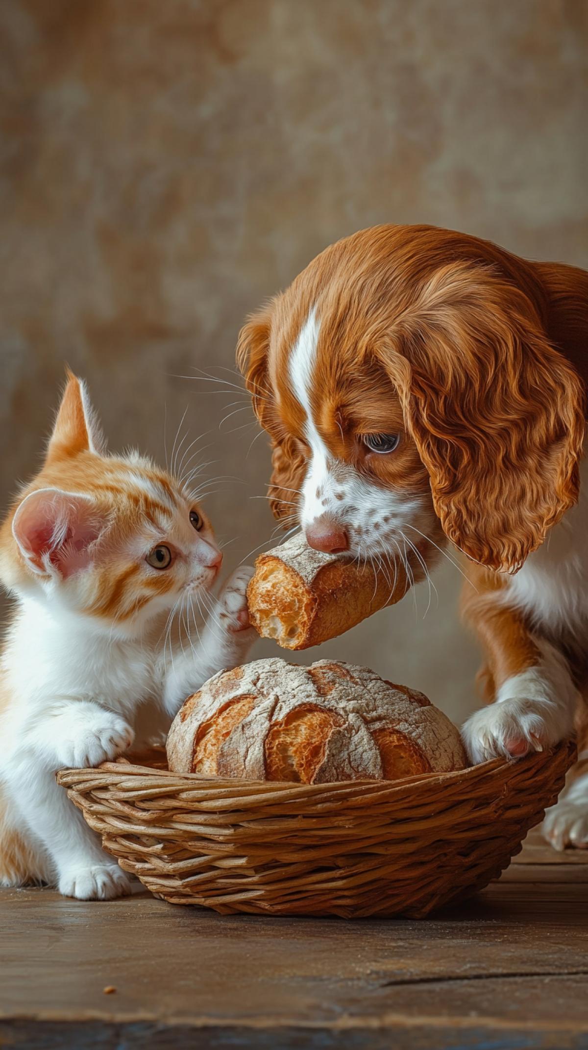 Spaniel’s puppy and a redhaired crumbling kitten eat bread from a basket of bread, bite bread, hungry and satisfied beautifully.  Happiness.