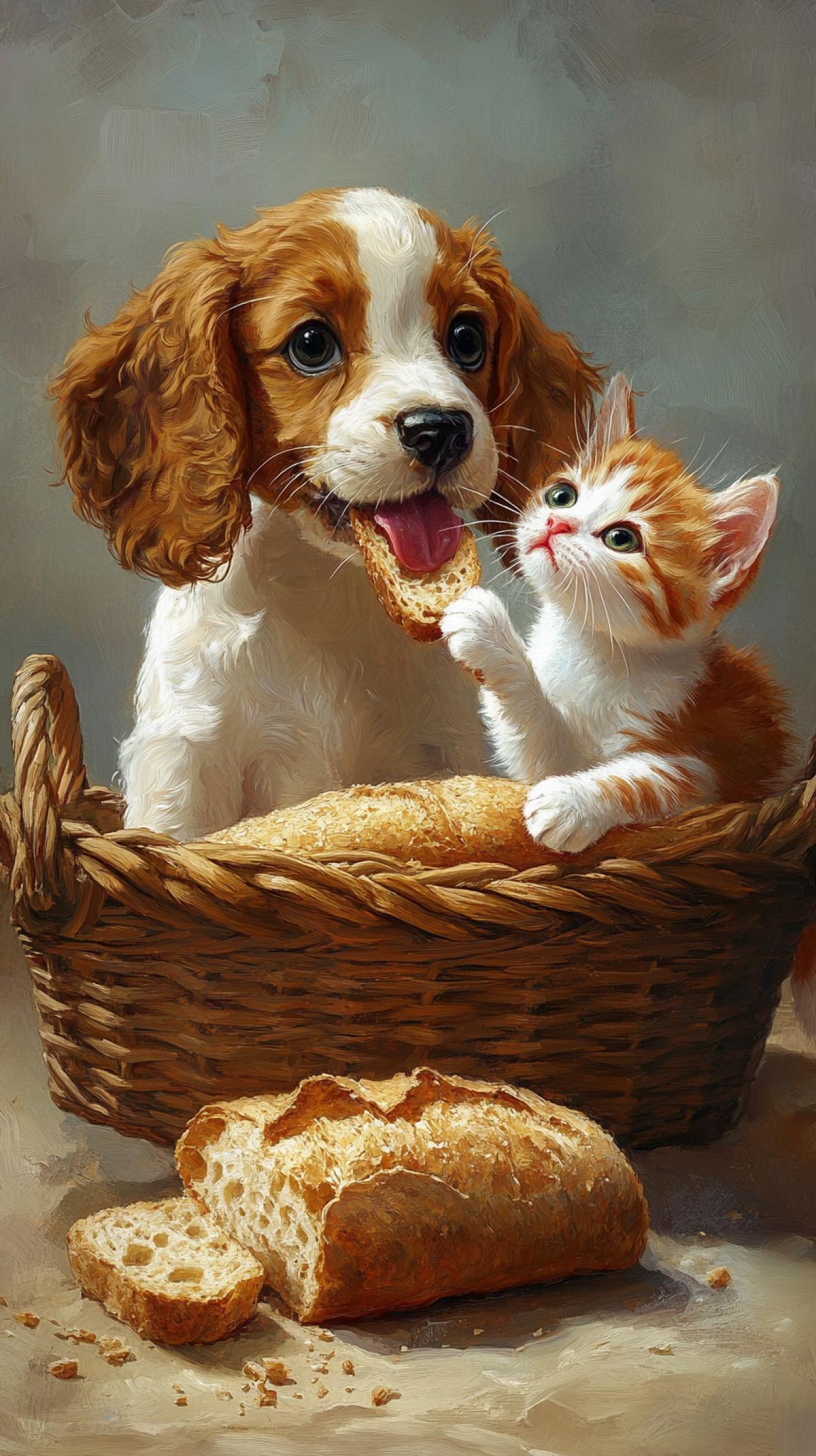 Spaniel’s puppy and a redhaired crumbling kitten eat bread from a basket of bread, bite bread, hungry and satisfied beautifully.  Happiness.