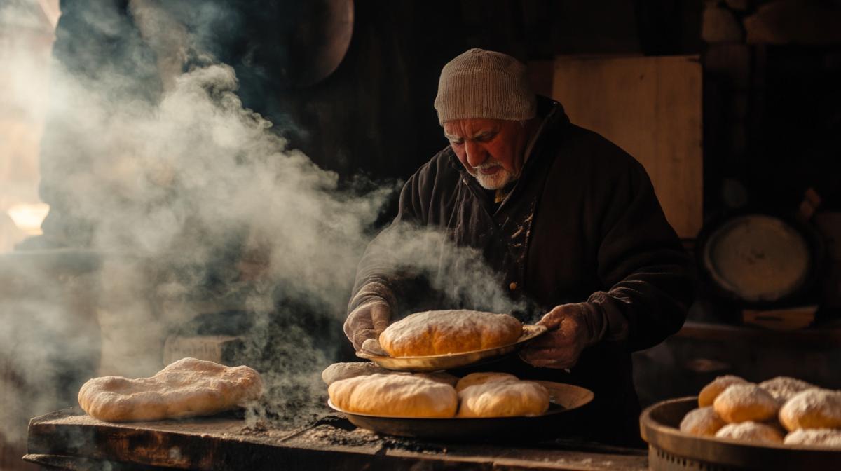 The baker pulls out fragrant breathing bread with steam from a Russian furnace