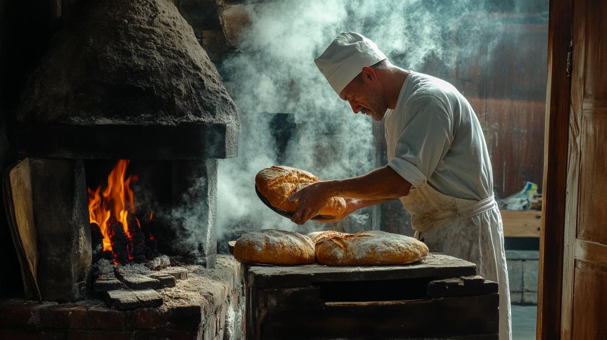 The baker pulls out fragrant breathing bread with steam from a Russian furnace
