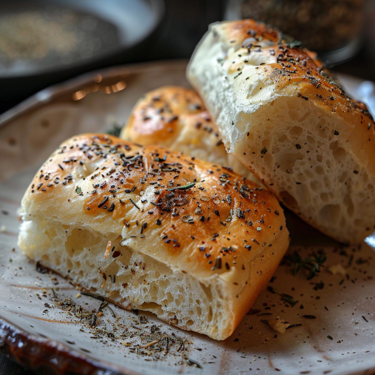 Two pieces of bread lie on a plate and seasonings are puffed on them, a closeup for two pieces of bread
