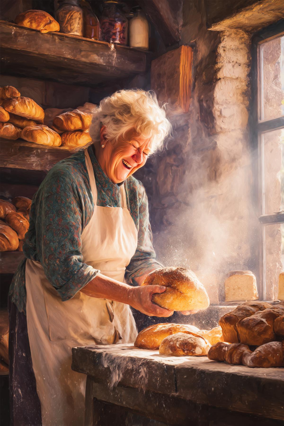 A warm, cozy bakery scene with a sweet elderly grandma baker, smiling proudly as she pulls out a fresh golden loaf of bread from a rustic wooden oven. The bread has a perfect crispy crust, steam rising from it, soft fluffy interior visible. Grandma has flour on her hands and apron, kind twinkling eyes, surrounded by shelves of freshly baked bread and rolls. Soft morning light streaming through the window, warm tones, ultra-detailed, photorealistic, inviting atmosphere, heartwarming feeling of homemade goodness.