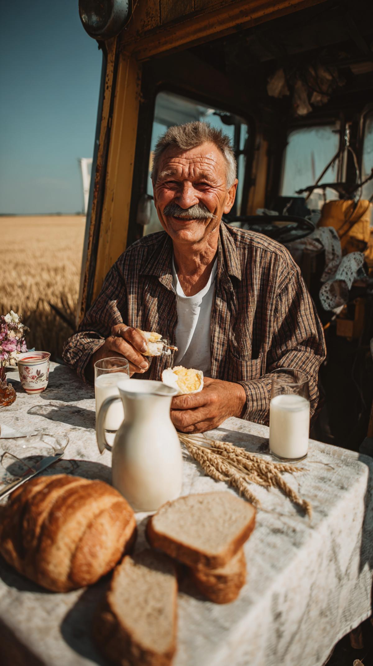 a wheat field, a tractor, a smiling mustachioed tractor driver is sitting in the shade of the tractor, having lunch, bread is on a white tablecloth, there is a jug with milk, the tractor driver is holding a slice of bread and a glass of milk, the tractor drivers wife is sitting next to him, the atmosphere of joy and kindness, sunny weather, Russian style