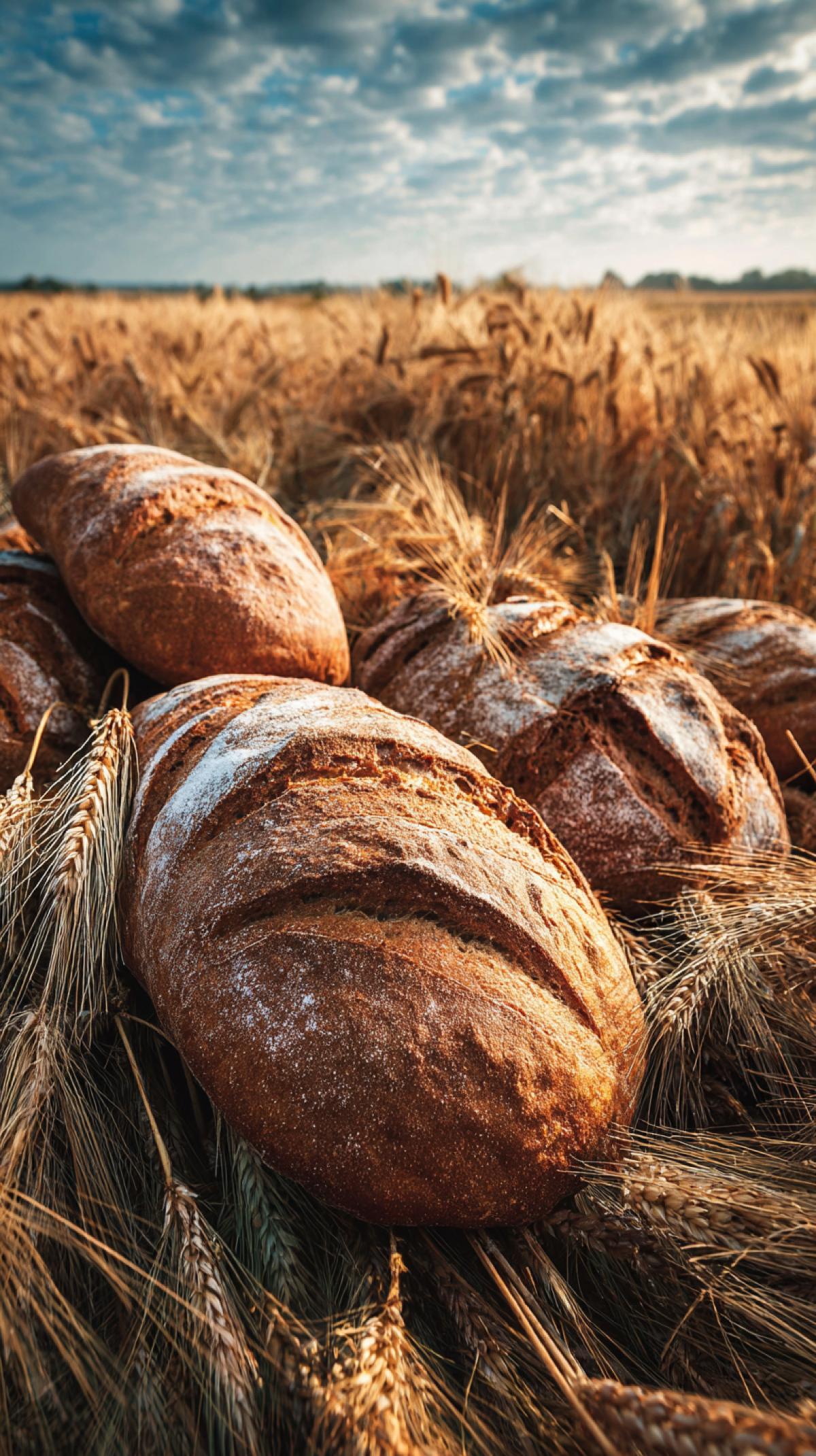 poster advertising bread, big loaves of bread lying on a wheat field, view to the horizon, sunny weather