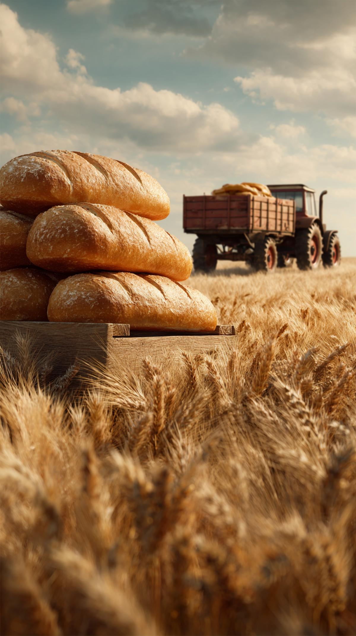 a poster advertising bread, a tractor carrying big loaves of bread in a trailer across a wheat field, a view to the horizon, sunny weather