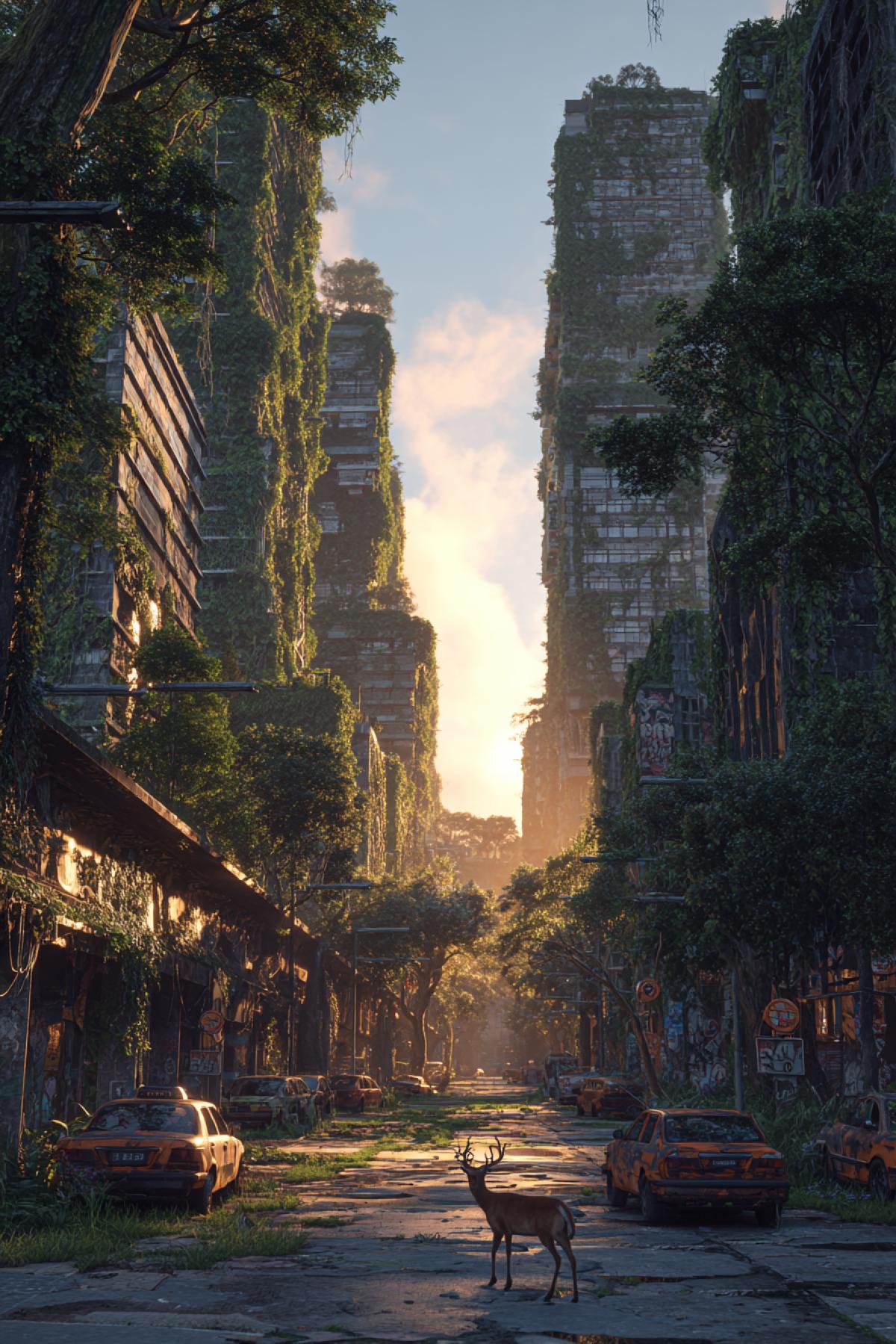 An overgrown futuristic city, skyscrapers covered in ivy and vines, broken highways with rusted cars, a lone deer walking through the empty streets, golden sunset light, hyper-realistic, cinematic, 8K, post-apocalyptic atmosphere, nature reclaiming civilization.