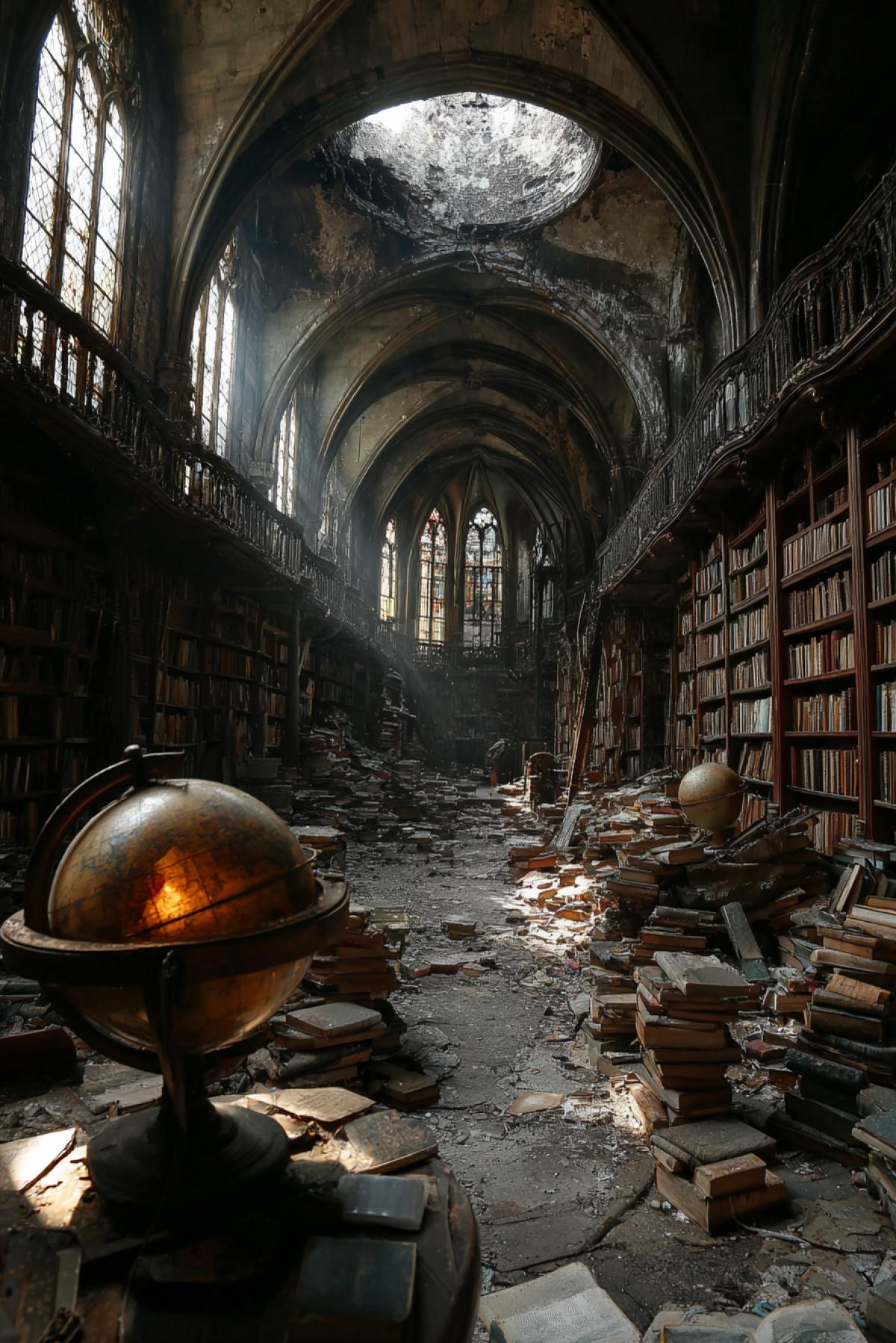 An ancient library centuries after humanitys disappearance, crumbling bookshelves, sunlight piercing through broken stained glass, books turned to dust, a single intact globe glowing in the dim light, surreal and melancholic, ultra-detailed, moody lighting.