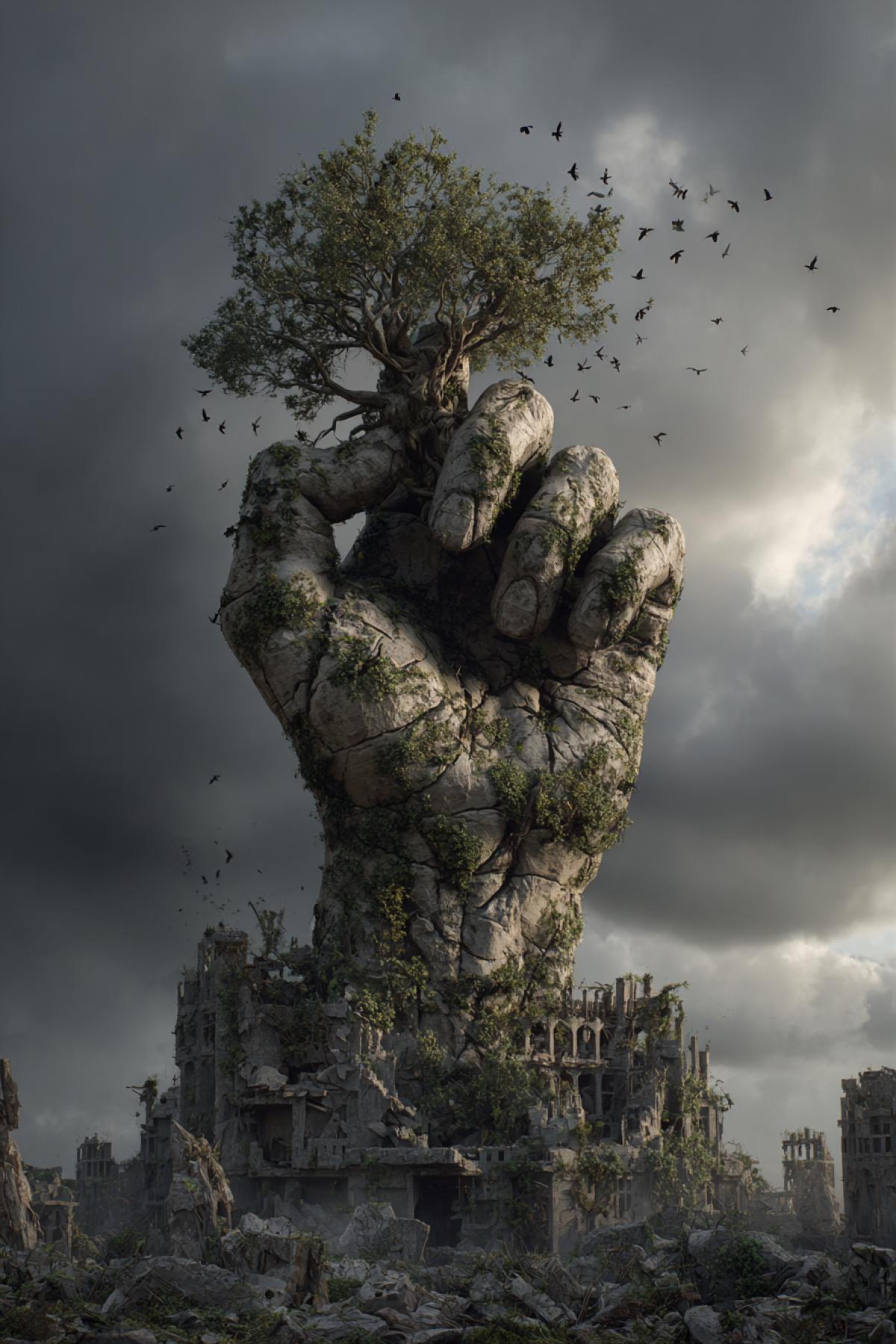A big cracked statue of a human hand holding a dying tree, surrounded by overgrown ruins, a flock of birds taking flight, dramatic stormy sky, symbolic and haunting, hyper-detailed, post-civilization art.