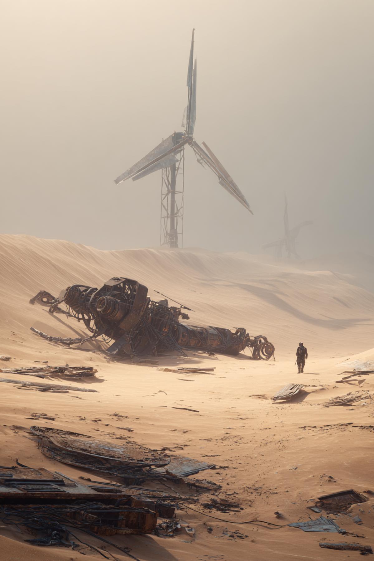 A vast desert of rusted robot carcasses, sand dunes made of shattered screens and broken drones, a lone wind turbine creaking in the wind, dystopian cyber-wasteland, cinematic lighting, Mad Max meets Blade Runner.