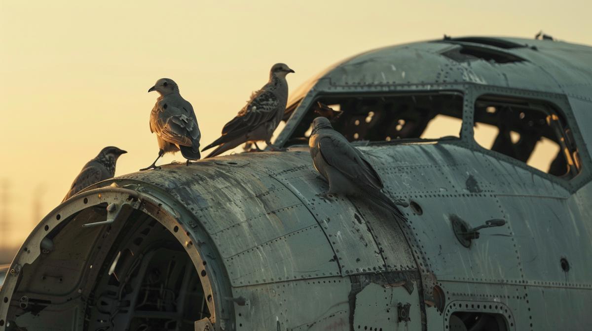 Birds are sitting on the wing of an abandoned aircraft