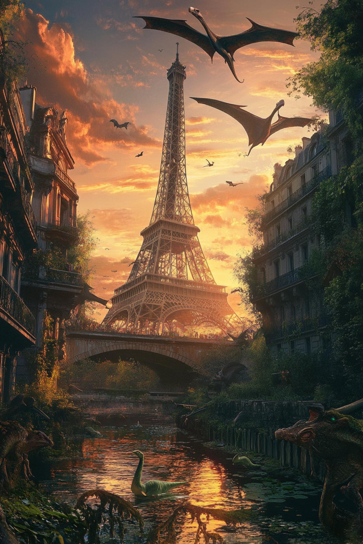 The overgrown center of Paris, with a dilapidated rusty Eiffel Tower, pterodactyls fly in the sky against the background of sunset. Brouses and frogs in the rivers walk along the streets. Style Realism