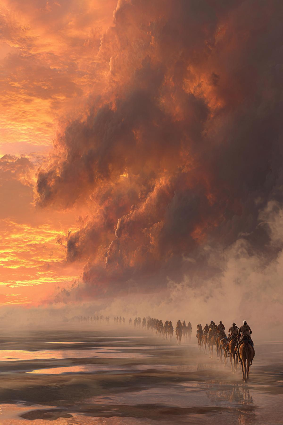 A mystical, ghostly camel caravan heads off into the distance, into a sandstorm, at sunset. Dark Fantasy. Epic. Beautiful.