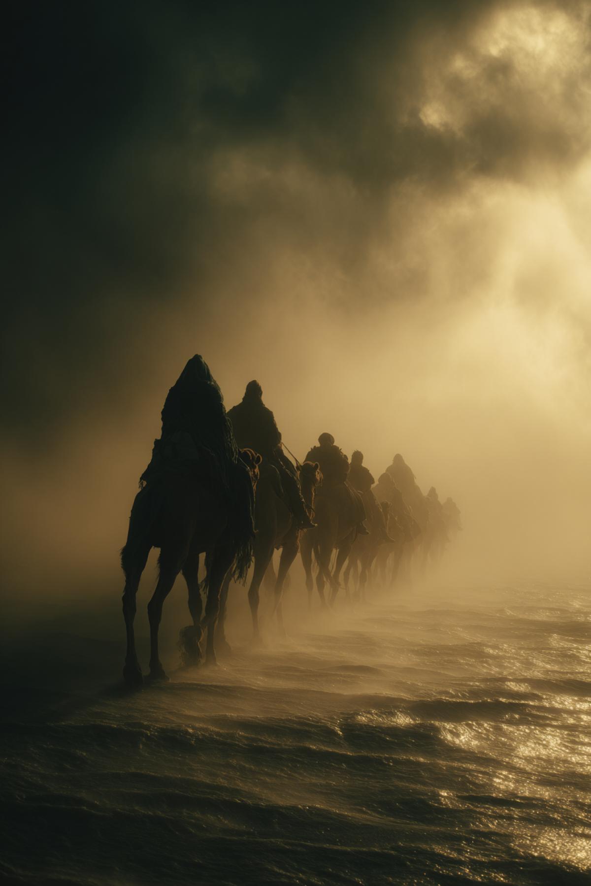 A mystical, ghostly camel caravan heads off into the distance, into a sandstorm, at sunset. Dark Fantasy. Epic. Beautiful.