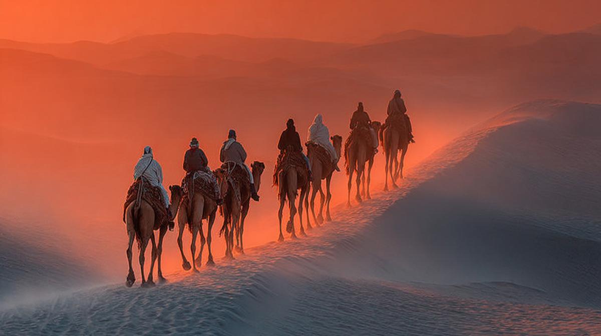 Caravan of camels on the endless dune, velvet sands of sand from sand