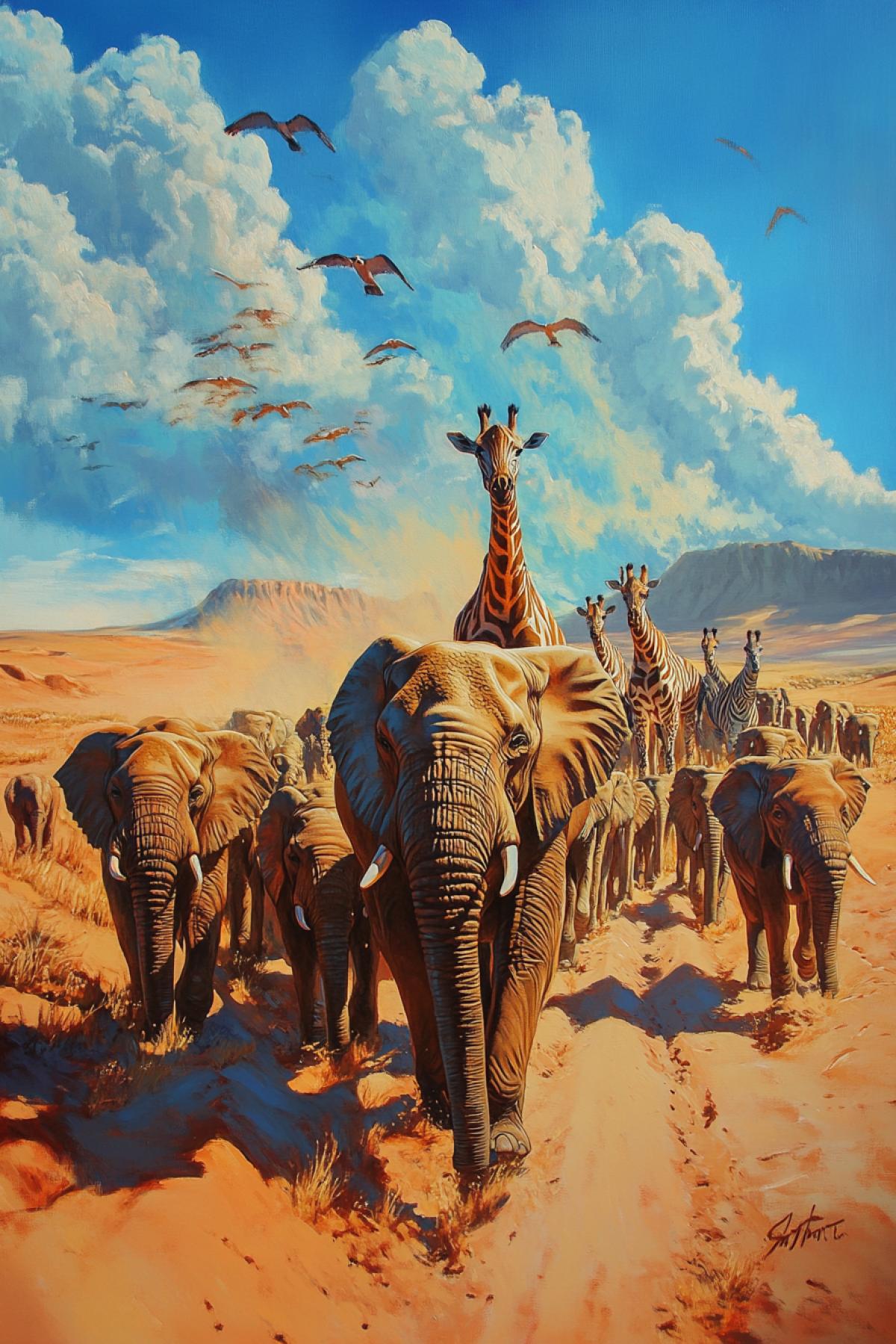 The caravan of tired wild elephants, zebras and giraffes that go through the desert in search of an oasis. Style Realism