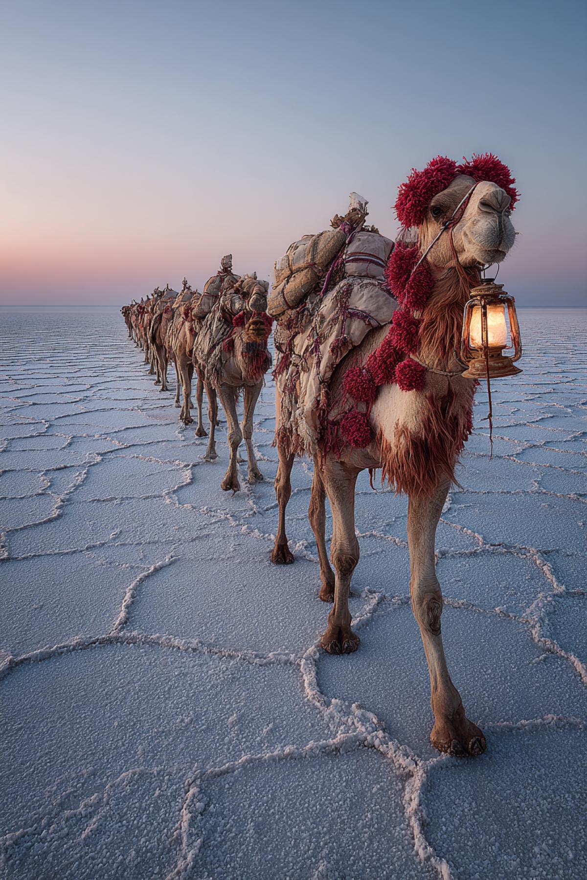 A caravan of tired camels plods across a cracked salt desert at twilight, their shadows stretching for miles. The lead camel wears faded red pom-poms, a single lantern sways on its neck, illuminating the crusted salt underfoot. Ultra-realistic, National Geographic style, muted colors with warm light contrasts, the vast emptiness almost spiritual