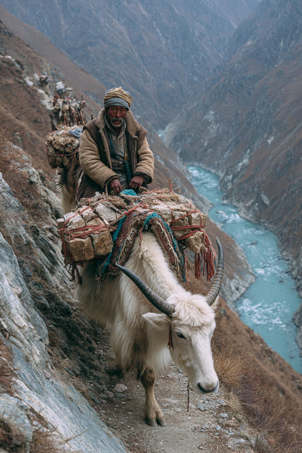 A Tibetan yak caravan winds through mountain switchbacks, bundles of tea bricks strapped to their sides. An old trader in a sheepskin coat adjusts a load, his face weathered but calm. Emerald-green river far below, prayer flags flapping in the wind. Documentary photography style, crisp air almost palpable, earthy tones with pops of turquoise and crimson