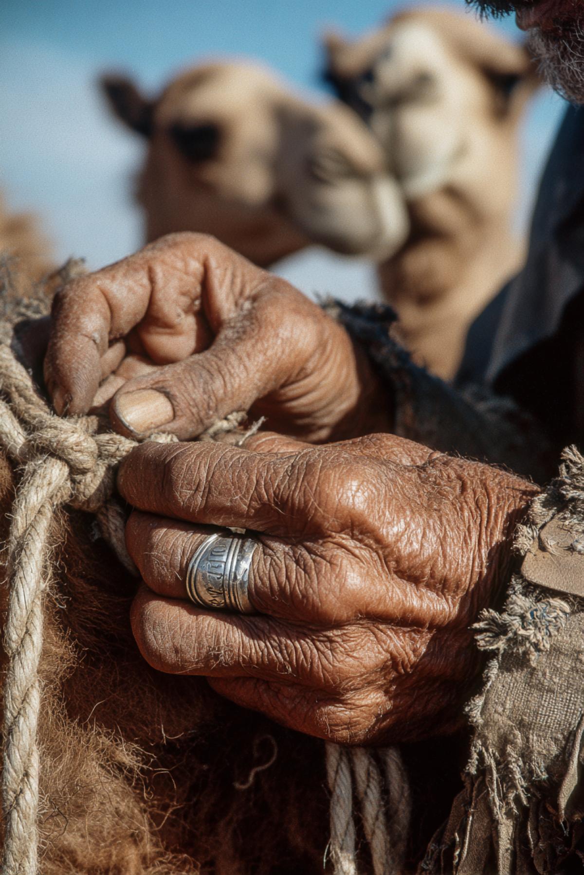 Extreme close-up of an old caravan traders hands tying a knot on a frayed rope, sunburnt skin with deep wrinkles, a heavy silver ring on the thumb, the fabric of his patched sleeve fluttering in the wind. Behind blurred shapes of resting camels. Shot on vintage 35mm film, shallow depth of field, texture so real you can feel the roughness