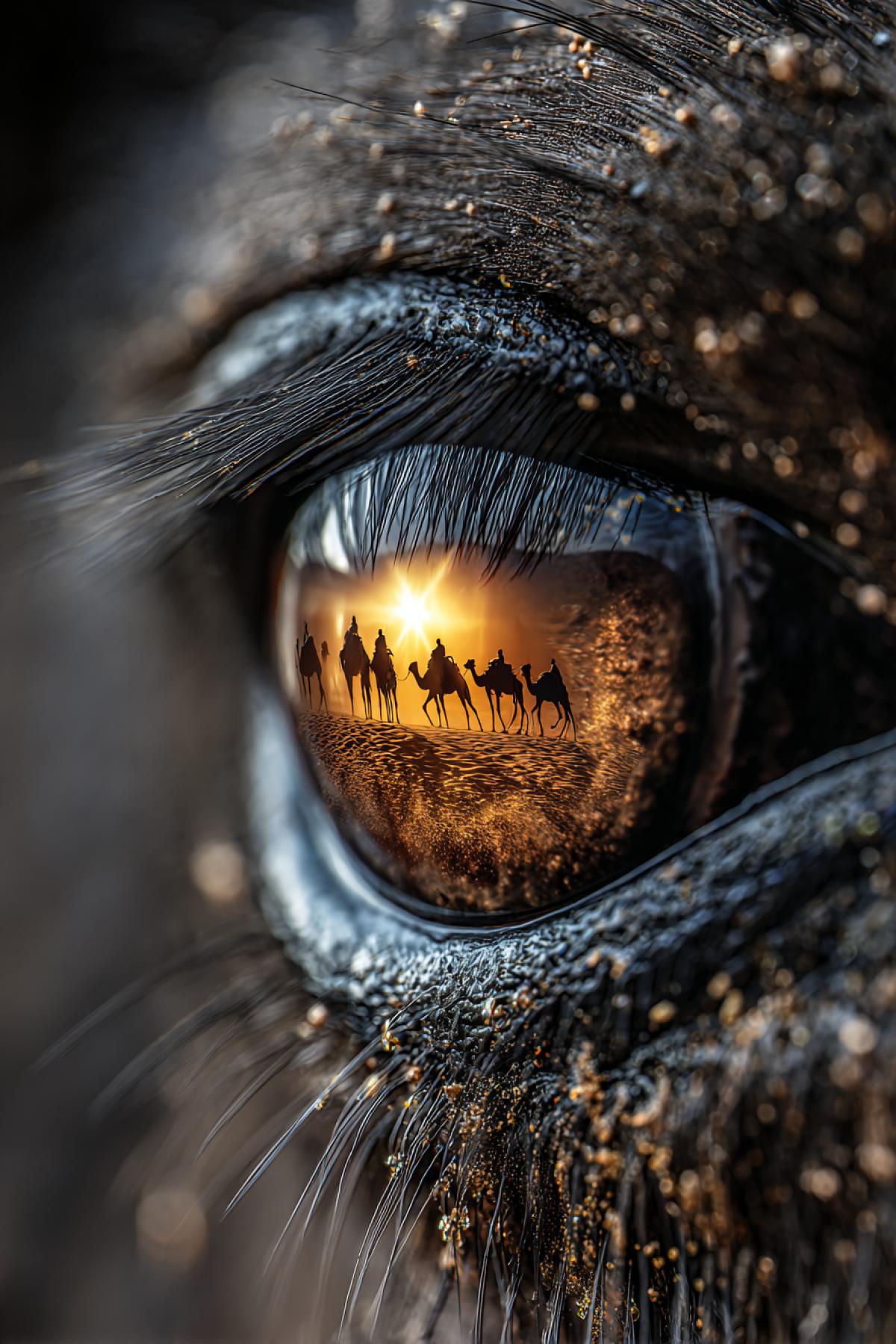 Macro shot of a camels eye, wet and dark as a dark pearl, reflecting miniature silhouettes of the caravan moving through the desert. Eyelashes crusted with sand, a hint of the golden dunes visible in the reflection. Hyper-realistic, 8K detail, sunlight glinting on the cornea, the quiet power of endurance