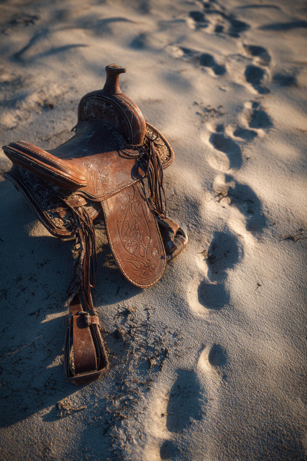 A worn leather saddle belt lying in the sand, half-unbuckled, with camel hair still stuck in the stitches. Around it footprints leading away into the dunes. Early morning light, long shadows, the feeling of a paused journey. Shot like a cinematic still life