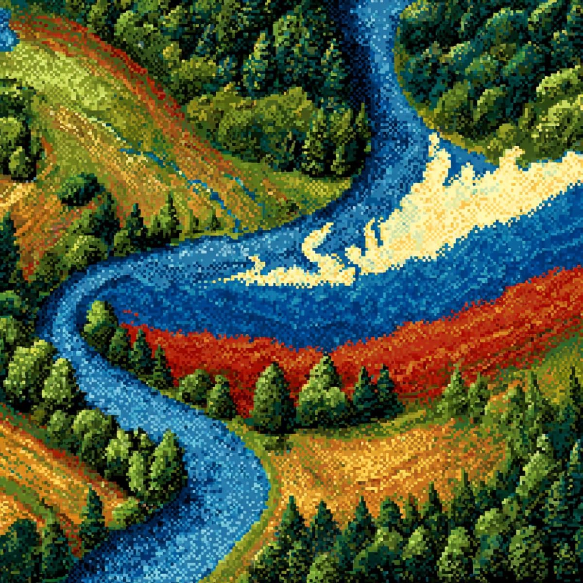 The flag of Russia in the vasts of fields, forests and rivers
