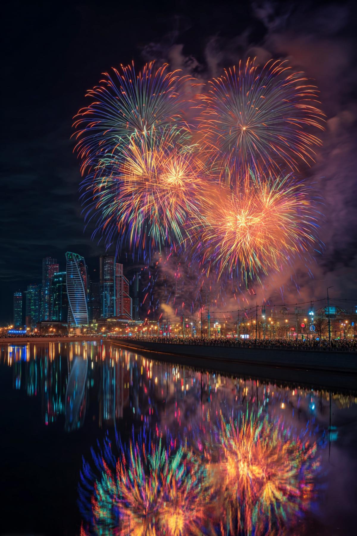 Long exposure of fireworks over Moscow skyline, tricolor explosions reflected in the Moskva River, crowds of people celebrating with sparklers, bokeh lights creating a dreamy effect, shot with Sony A7 IV + 24-70mm GM lens, professional photography with vibrant colors and dynamic range.