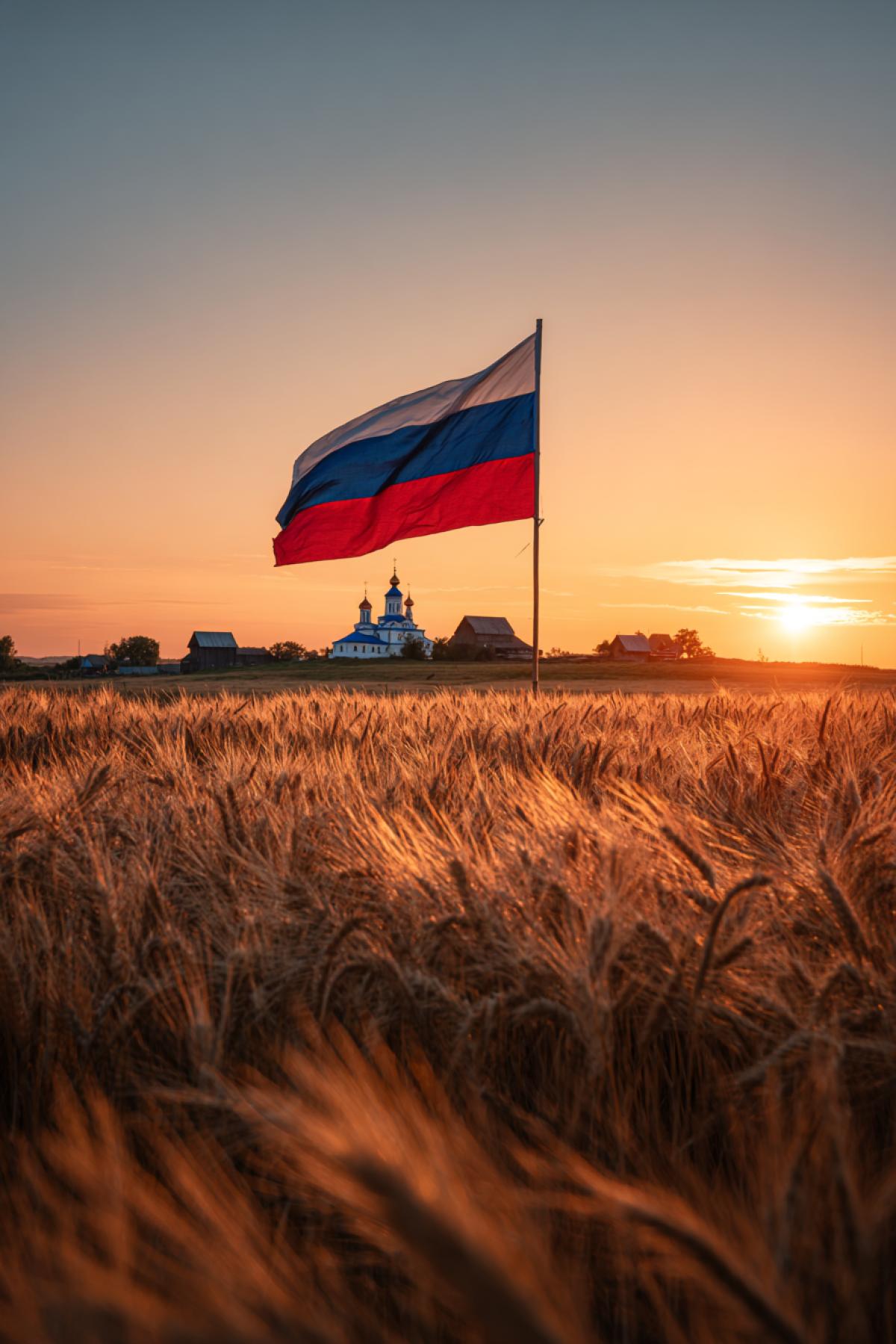 Epic sunset over a vast golden wheat field, a big Russian flag waving proudly in the wind, its white-blue-red stripes blending with the colors of the sky. Traditional wooden village houses and a small church with blue domes visible on the horizon. Warm, glowing light, hyper-realistic style, shot on medium format camera, ultra-detailed with every wheat ear and fabric fold visible. Patriotic and peaceful, perfect for Russia Day celebrations
