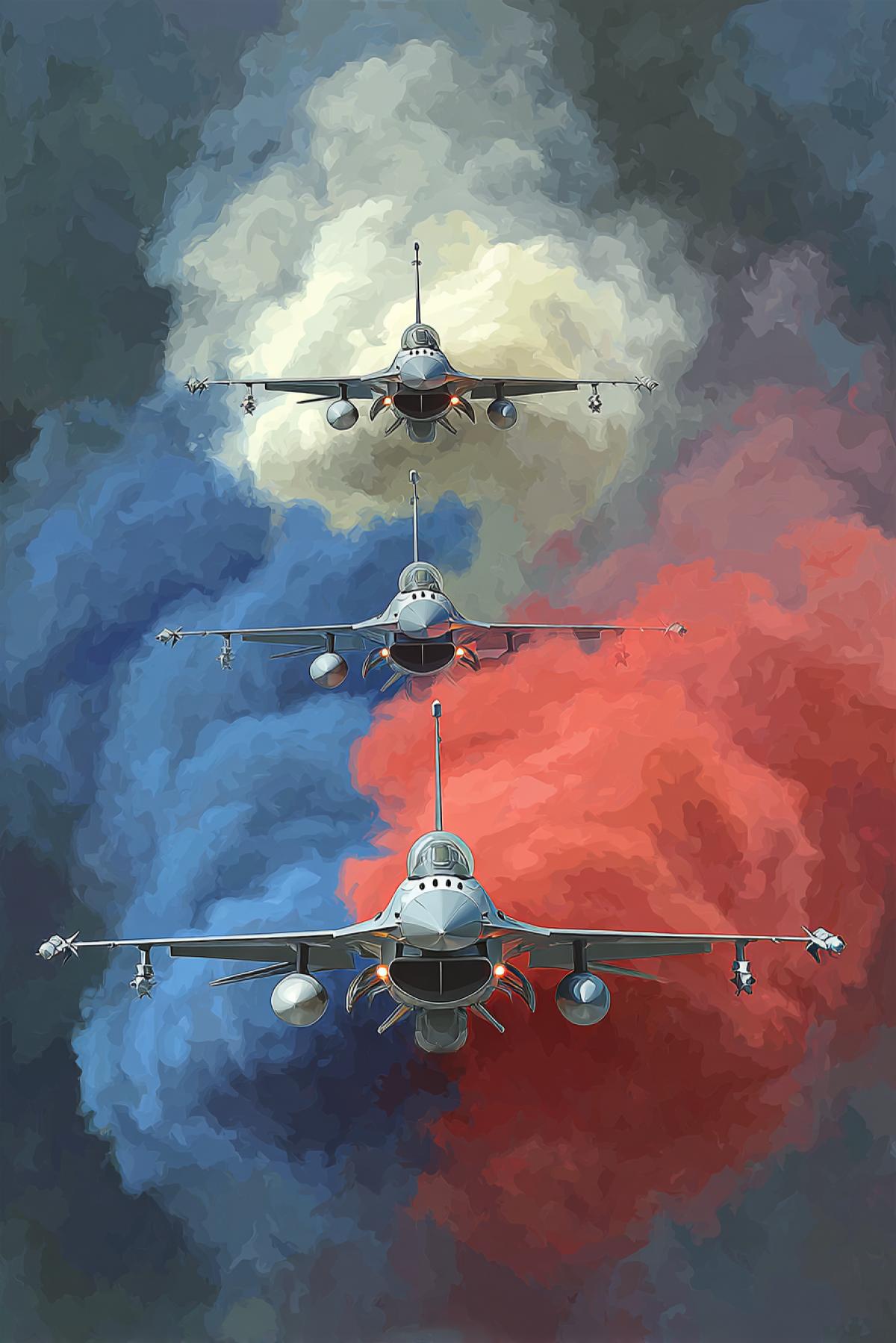 Three fighter planes in the sky. Behind the top one white smoke, behind the middle one blue smoke, behind the bottom one red smoke.