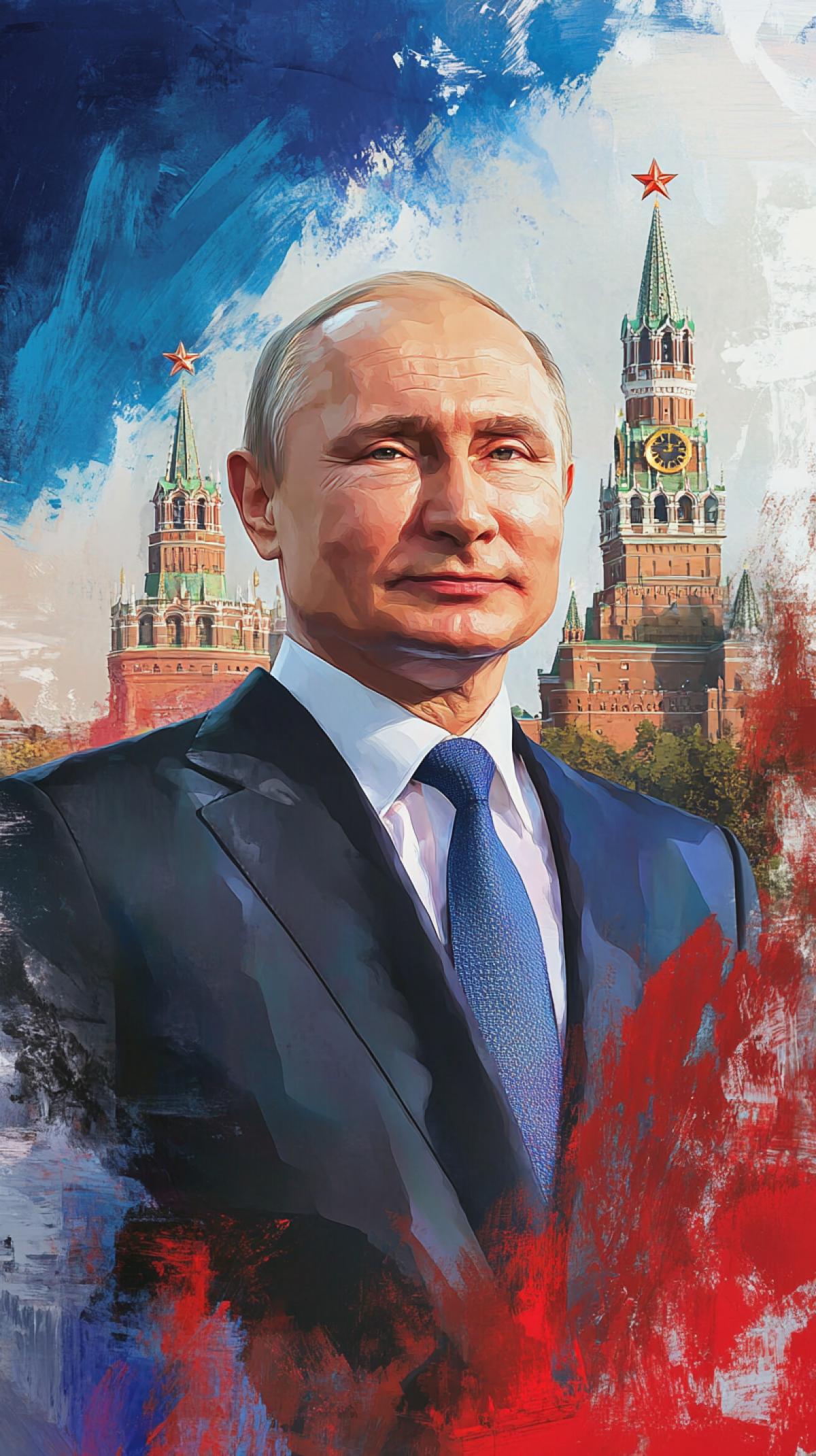 Vladimir P. russian leader against the background of the Kremlin and the Russian flag congratulates people on Russia Day