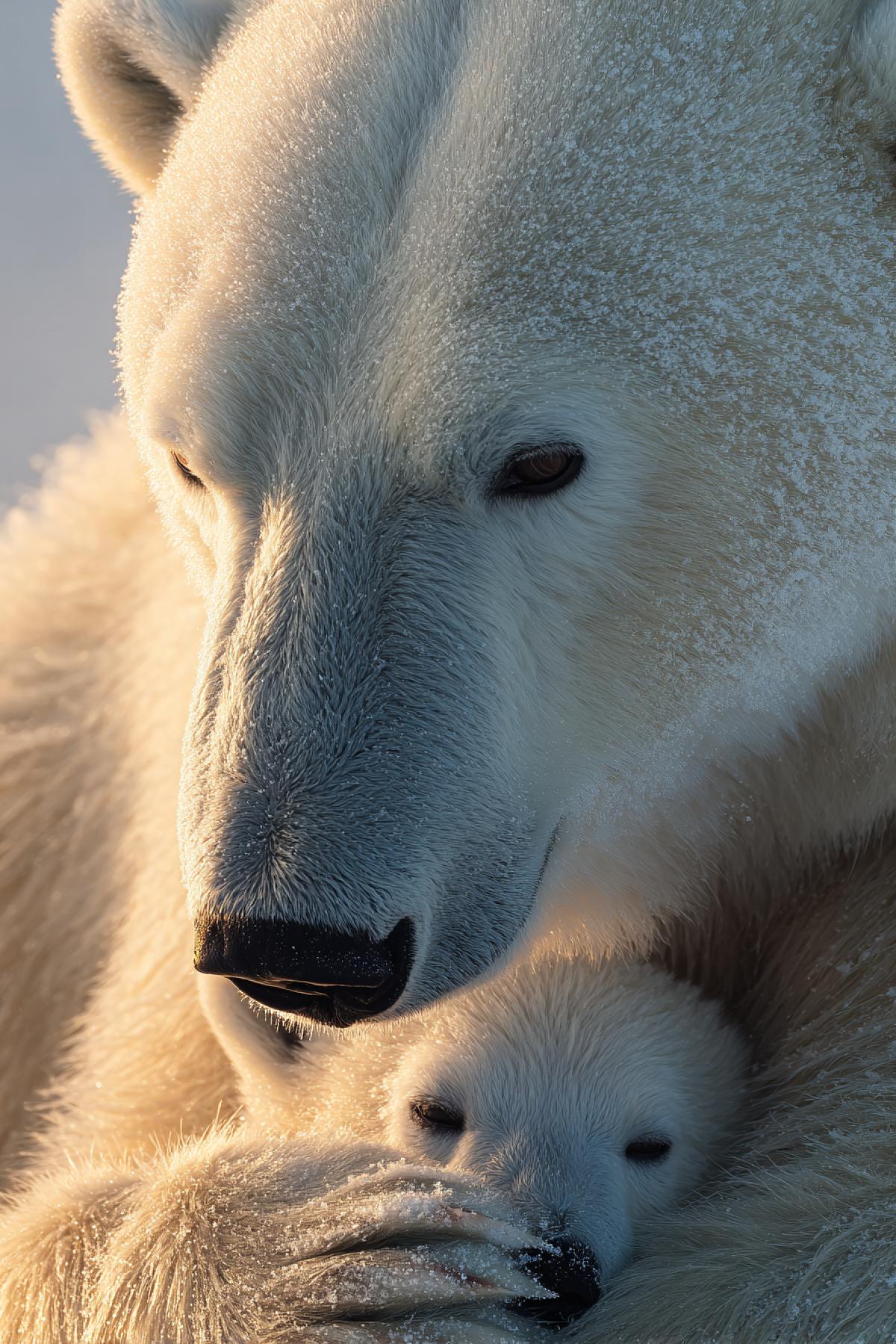Close-up of a big polar bear mother nuzzling her tiny cub on Arctic ice, their white fur glowing under golden midnight sun. The cub’s paws are luxuryly bigger than its mother’s claws, ice crystals glittering on their noses. Shot on 600mm telephoto, shallow depth of field, hyper-detailed fur textures, Nikon Z9, natural light. Heart-melting tenderness in wild nature.