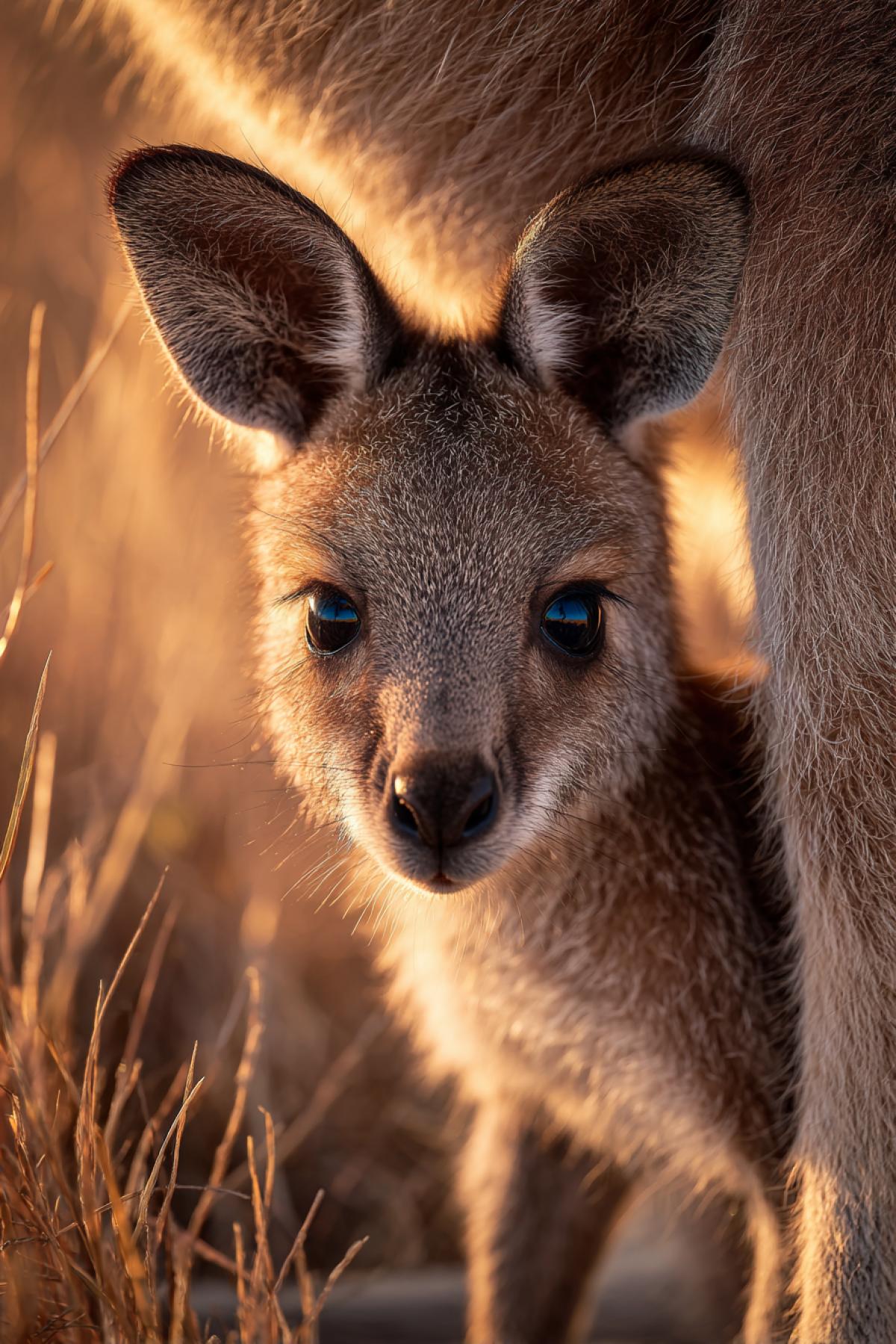 Macro shot of a baby kangaroo peeking out from its mothers pouch, only the tiny face and paws visible. Moms strong arms frame the com4k while she grazes on sunlit grass. Shot at f/2.2 to blur the outback background into golden haze, focus on the joeys curious dark eyes and velvety nose. Canon EOS R3, 100mm macro, aww-guaranteed.