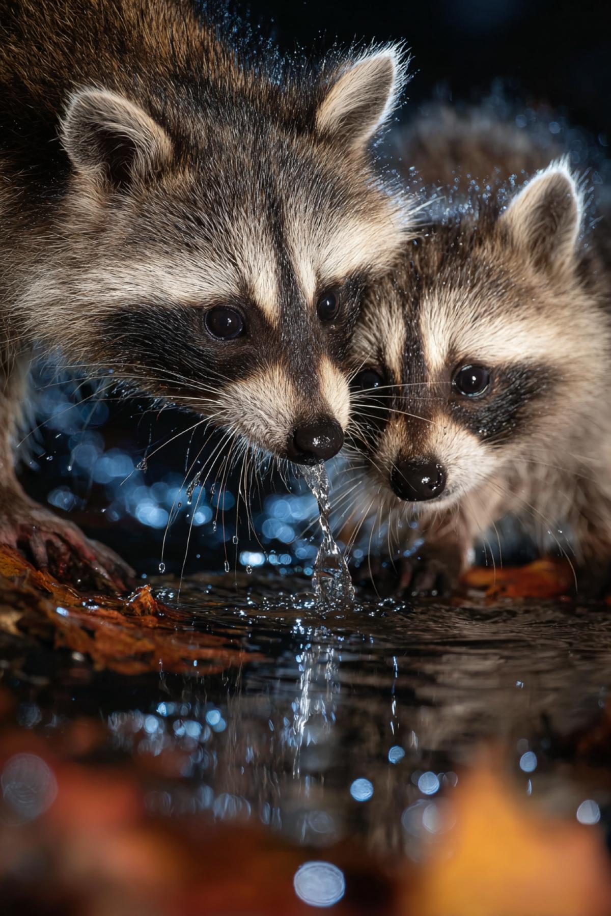 Close-up of a raccoon mother washing her mischievous cub in a moonlit forest stream. Their dewy whiskers twitch in sync, tiny wet paws trying to mimic moms movements. Silver water droplets freeze mid-air (shot at 1/8000s), autumn leaves blurred in bokeh. Sony A9 III, 200mm macro, every striped hair and droplet reflected in their curious eyes. Midnight blue and amber color palette.